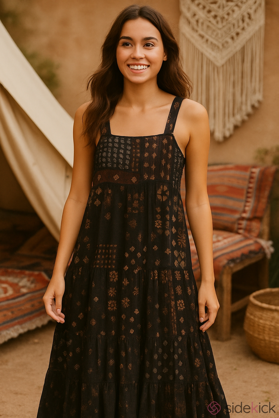 Jaded Gypsy Bohemian Brown Patchwork Maxi Dress with Strappy Back